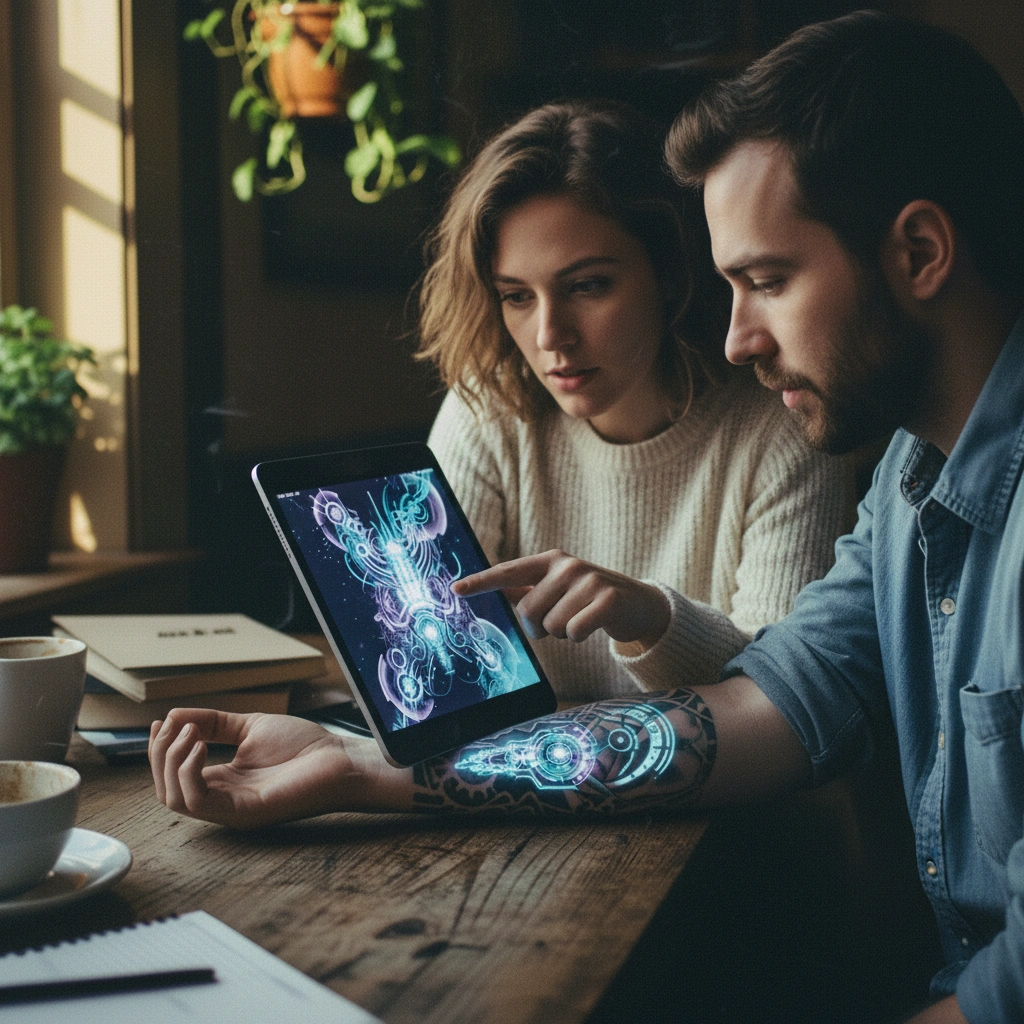 Homme regardant un design Midjourney complexe sur iPad