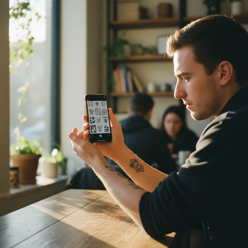 Uomo guarda schizzi di tatuaggi IA su smartphone
