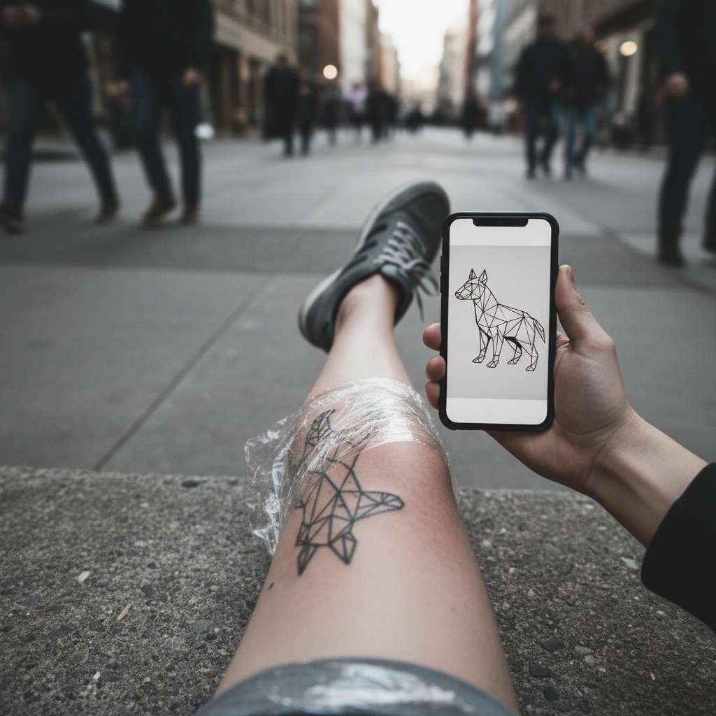 Fresh leg tattoo compared with the original AI design on a phone screen
