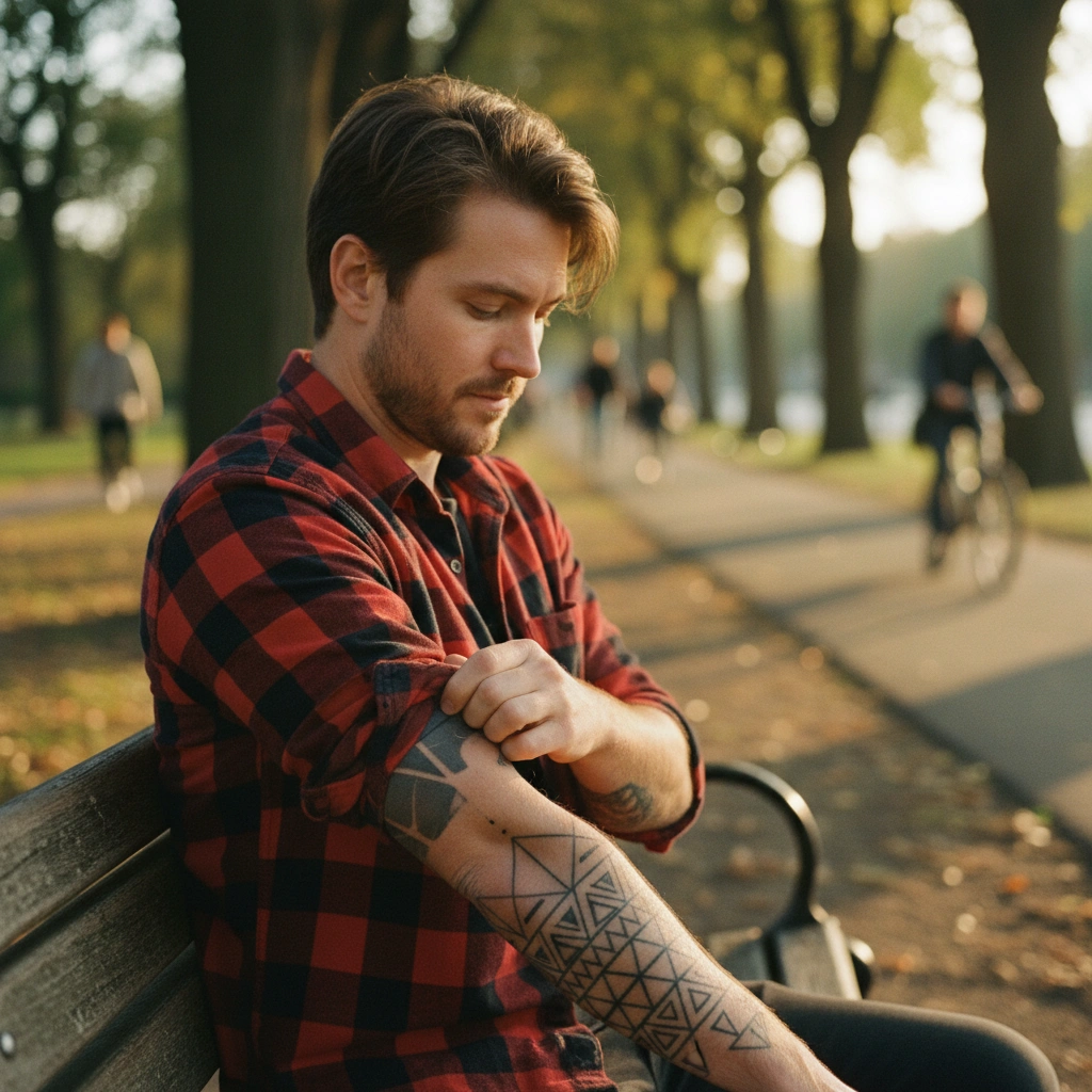 Hombre mostrando tatuaje curado en parque