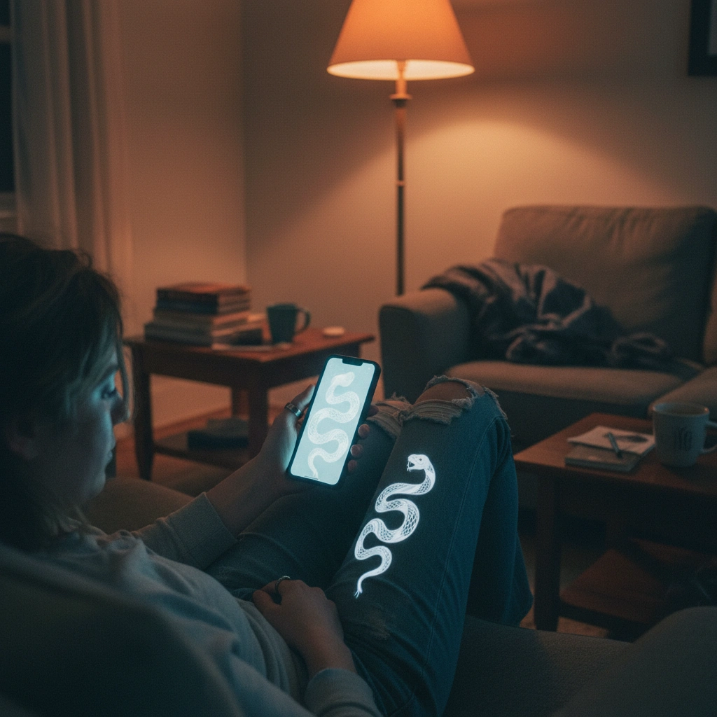 Person using AR app to project white ink snake tattoo on leg