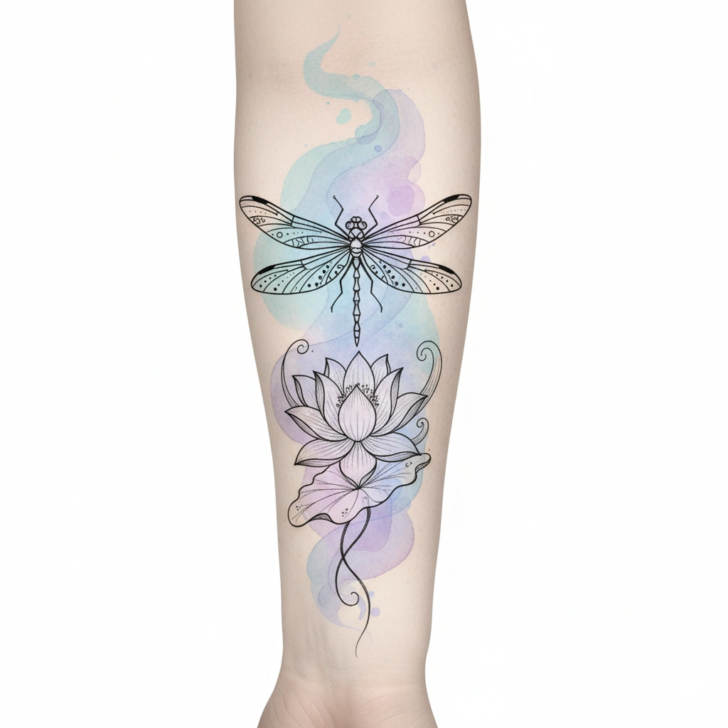Fine-line watercolor dragonfly and lotus forearm tattoo design for women