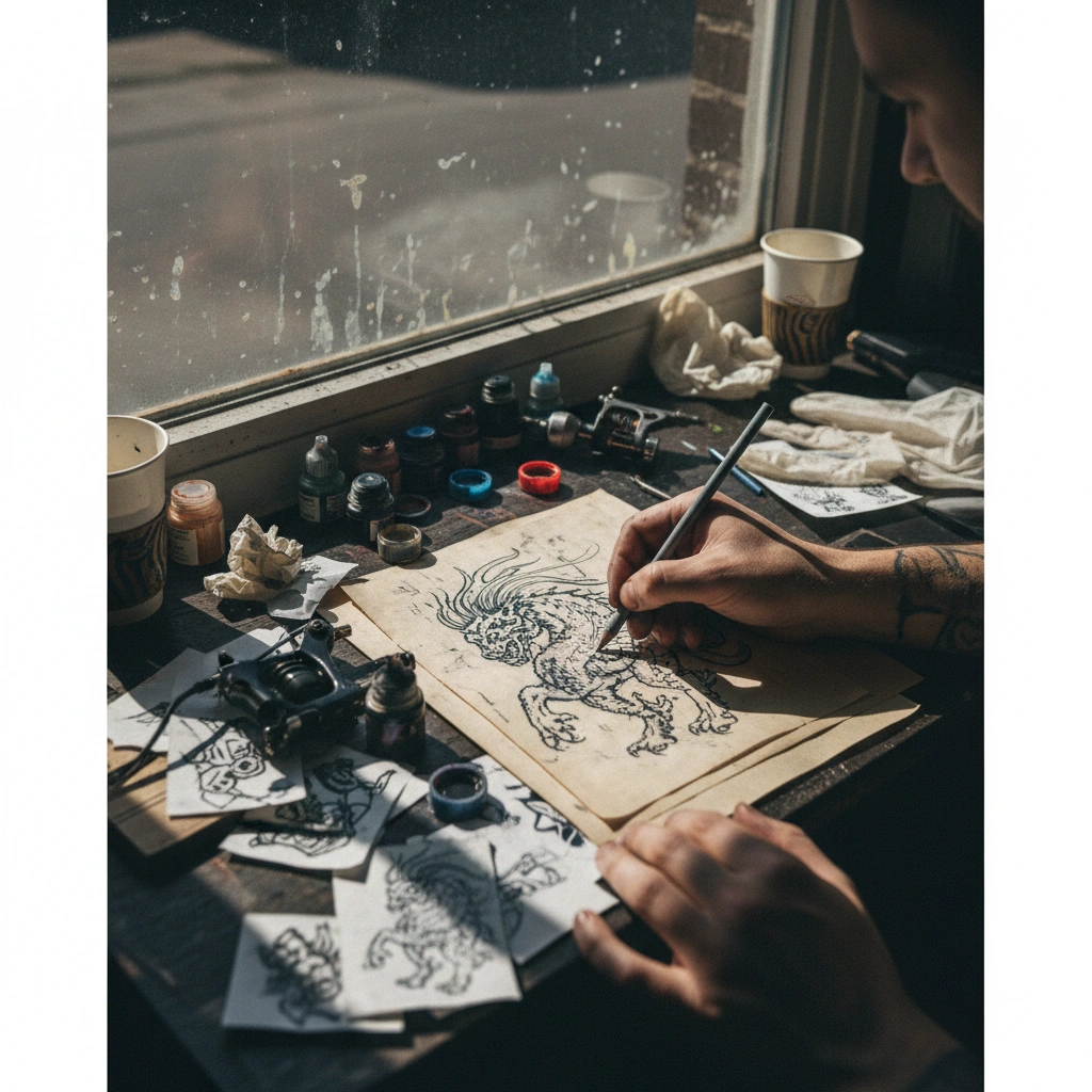 Tattoo artist refining AI stencil in studio