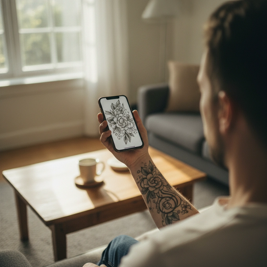 Using phone to preview tattoo design on arm at home