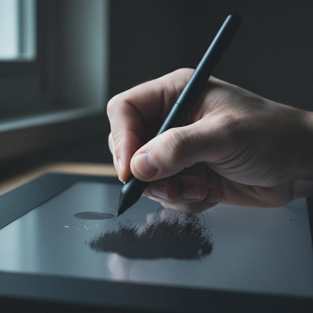 Mano apretando stylus digital con fuerza sobre tablet