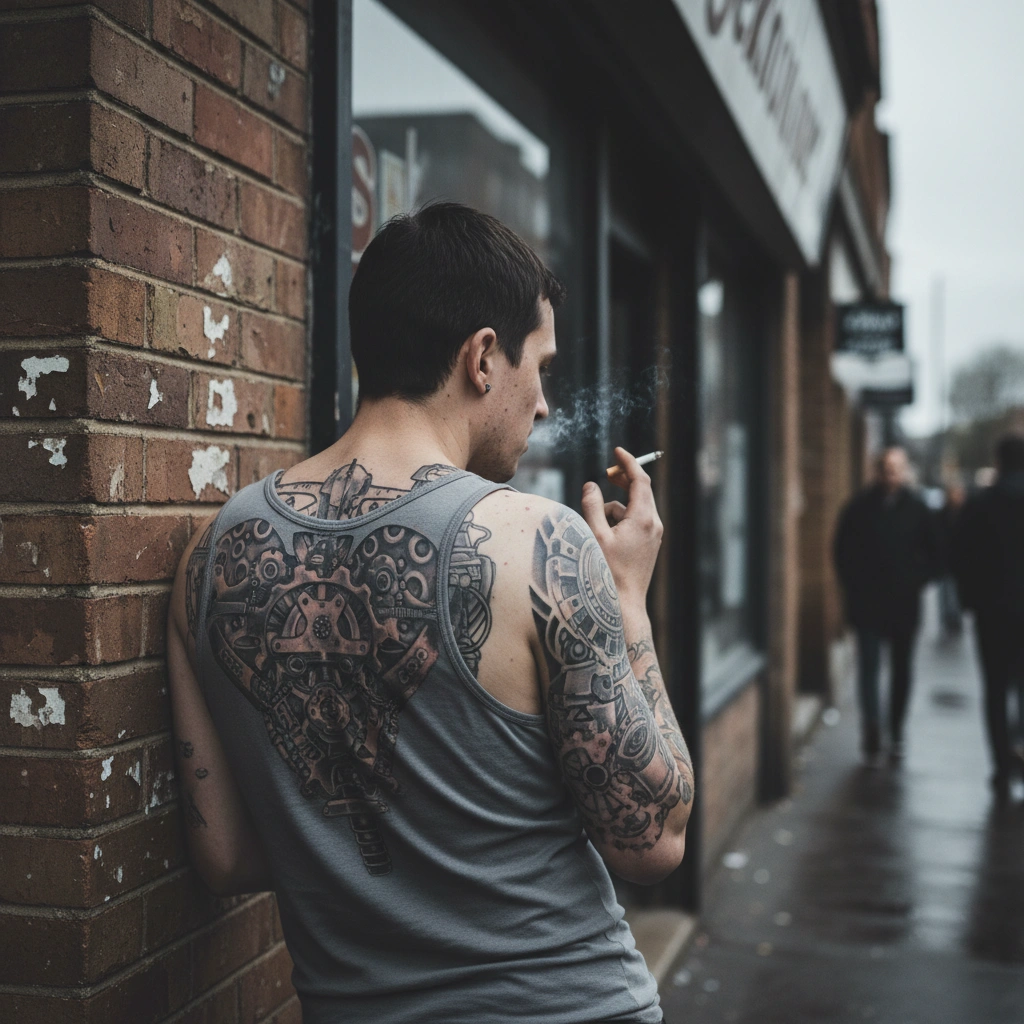 Biomech back tattoo on person leaning against wall