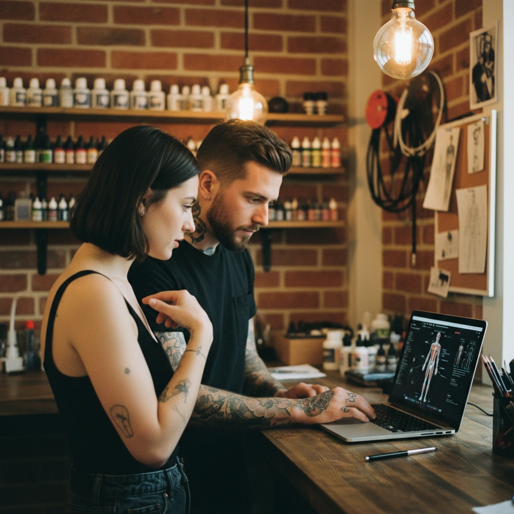 Artist and client discussing tattoo placement on laptop