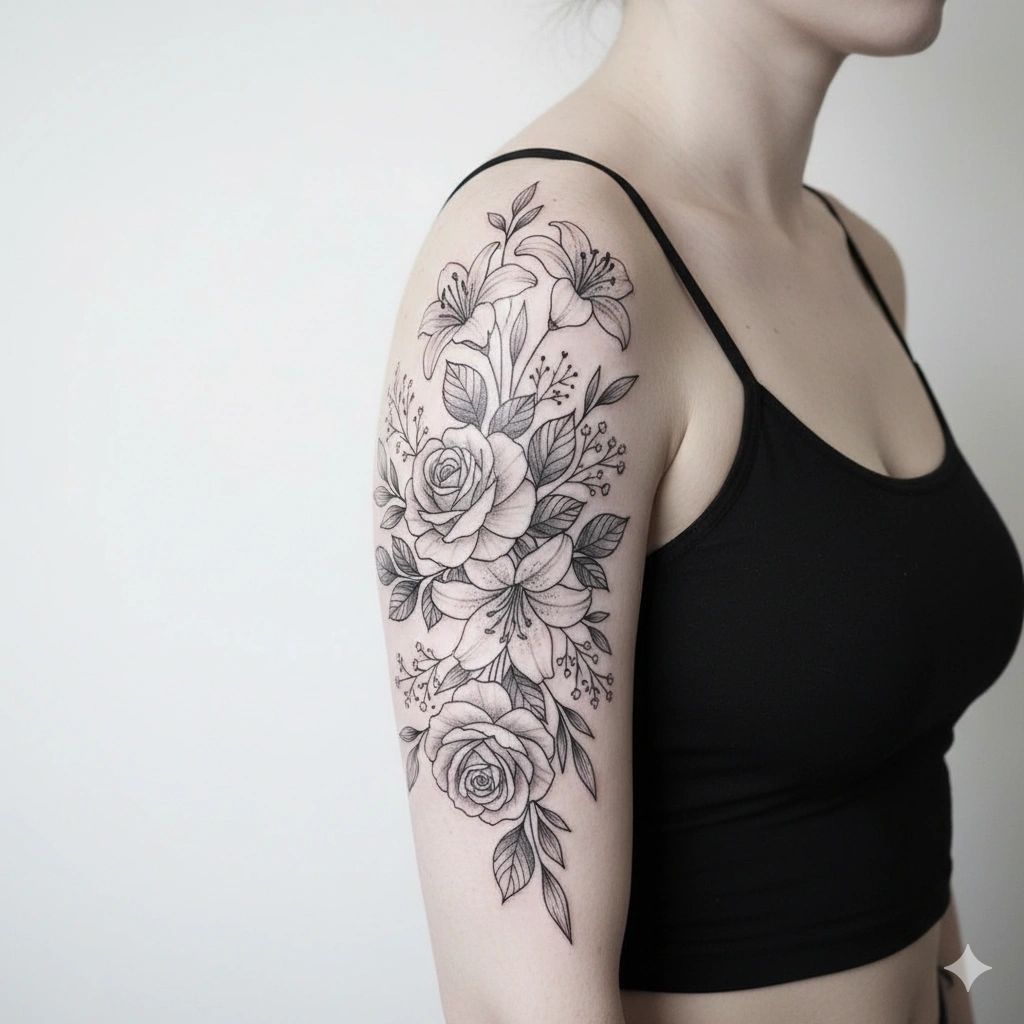 Fine-line black and grey floral shoulder tattoo design for women