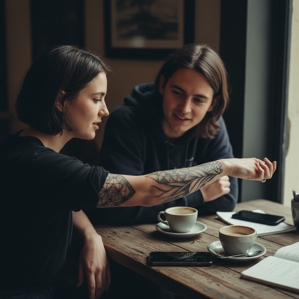 Woman showing friend fresh forearm tattoo in cafe