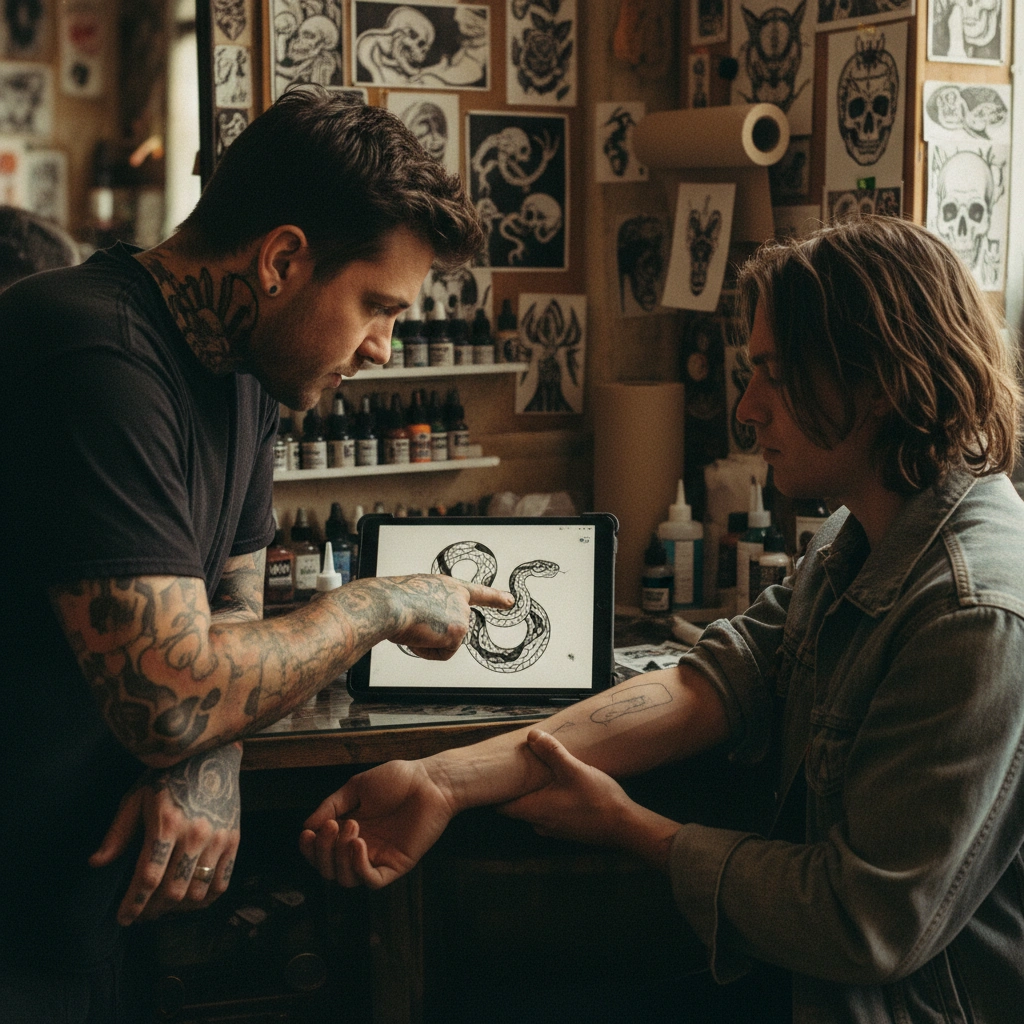 Tattoo artist and client discussing a design on a tablet in a studio