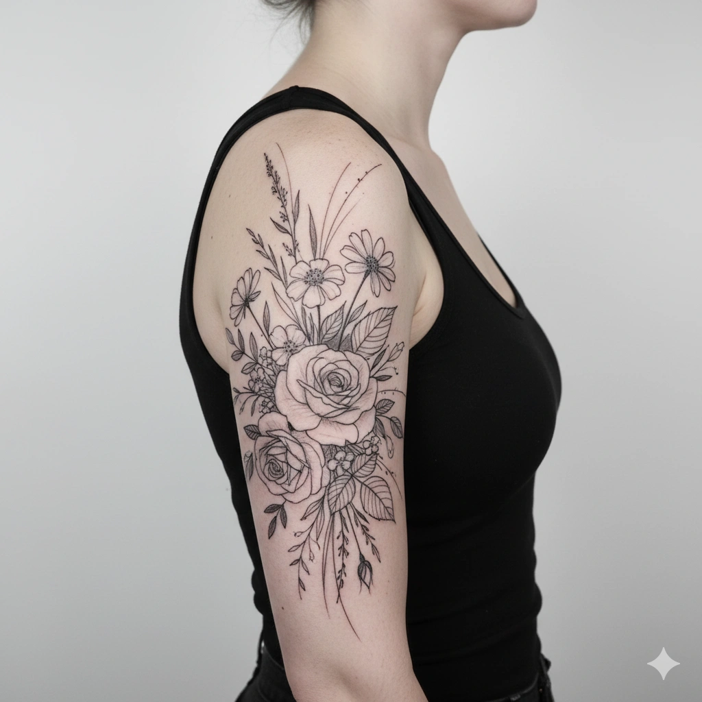Fine-line sketch floral upper arm tattoo design for women