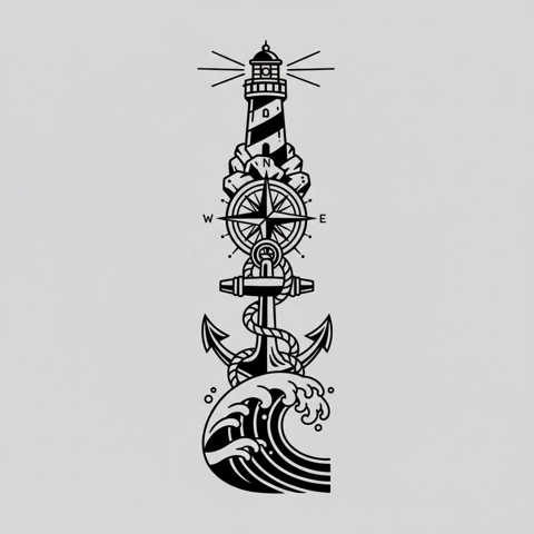 Blackwork Vuurtoren Anker Kuit tattoo ontwerp