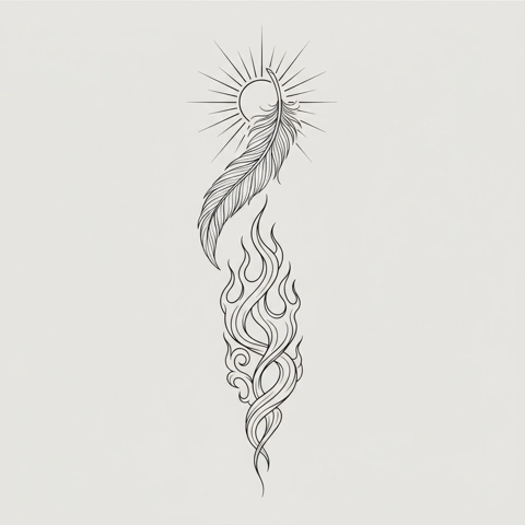Fijne Lijn Feniks Zon Vlam Ruggengraat tattoo ontwerp